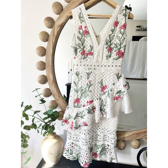 $750 PatBo Size Medium White Eyelet Floral Embroidery Asymmetrical Ruffle Midi - Picture 3 of 8